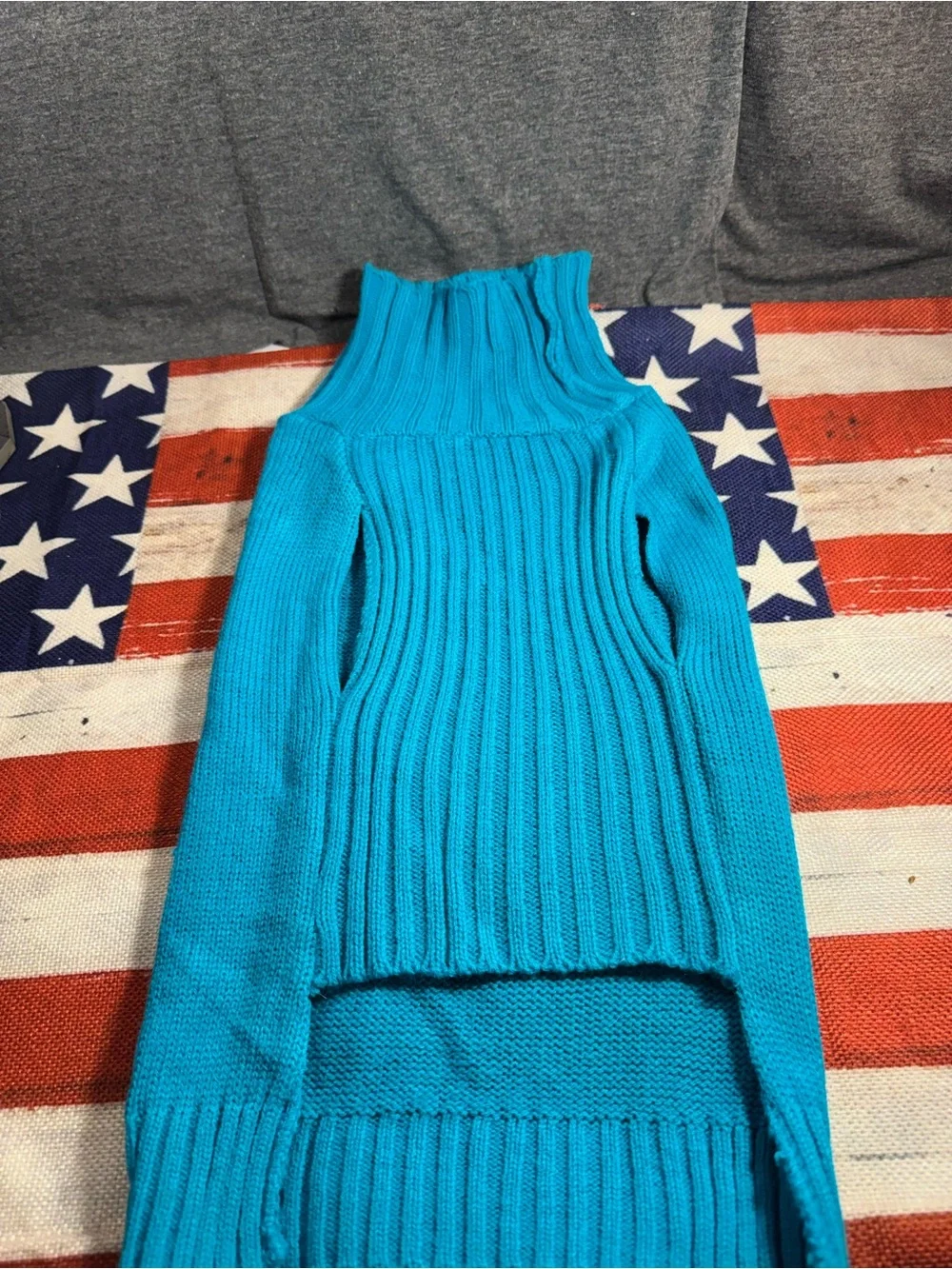 Turquoise Ribbed Turtleneck Dog Sweater with Flower Accent
